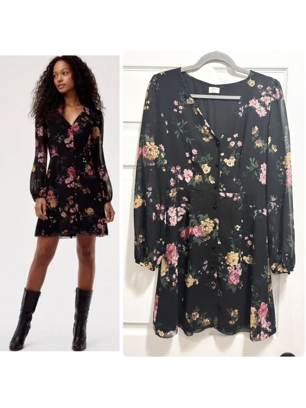 Aritzia Wilfred Nazaire Mini Dress Black Floral Long Sleeve Button Front Size 2